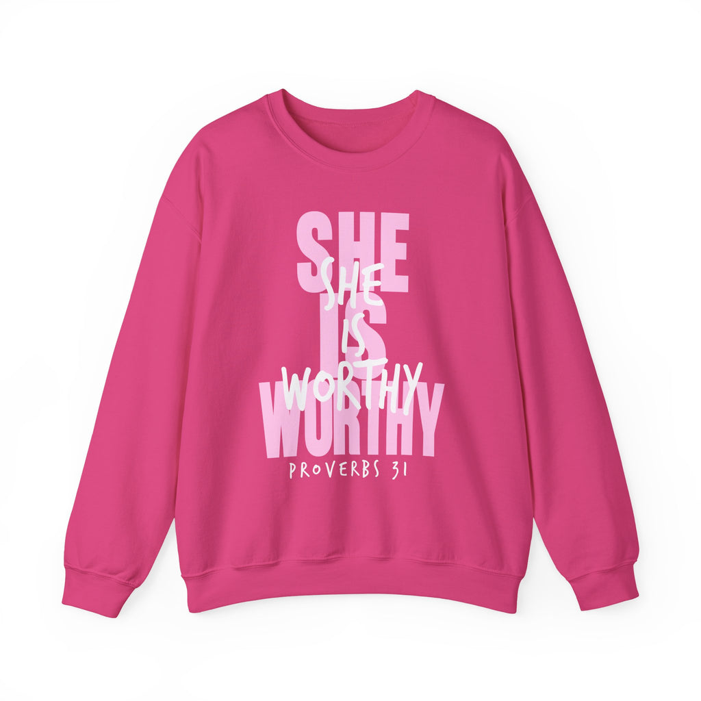 Christian Sweatshirt - She is Worthy, Cozy Bible Verse Apparel for Faith