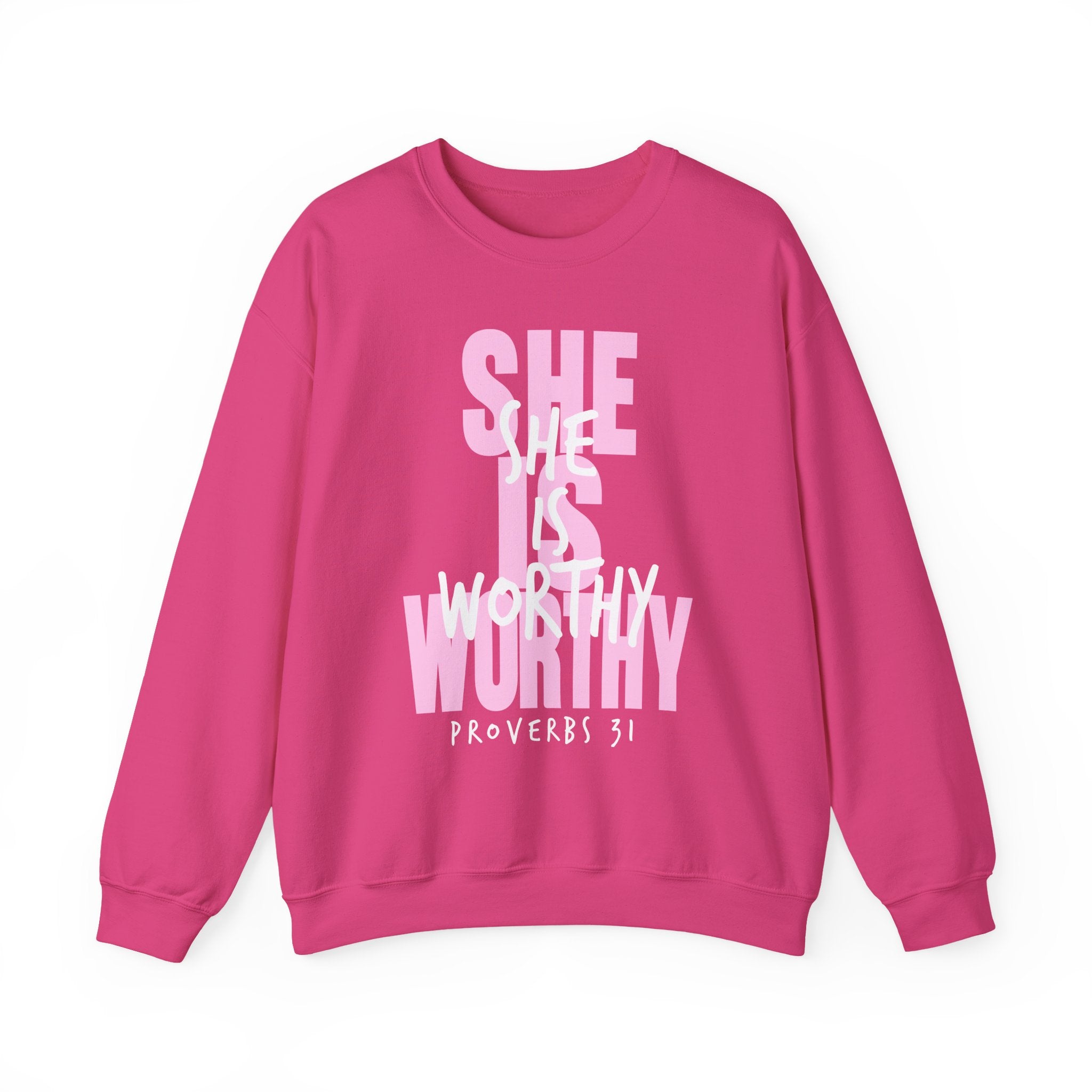 Christian Sweatshirt - She is Worthy, Cozy Bible Verse Apparel for Faith