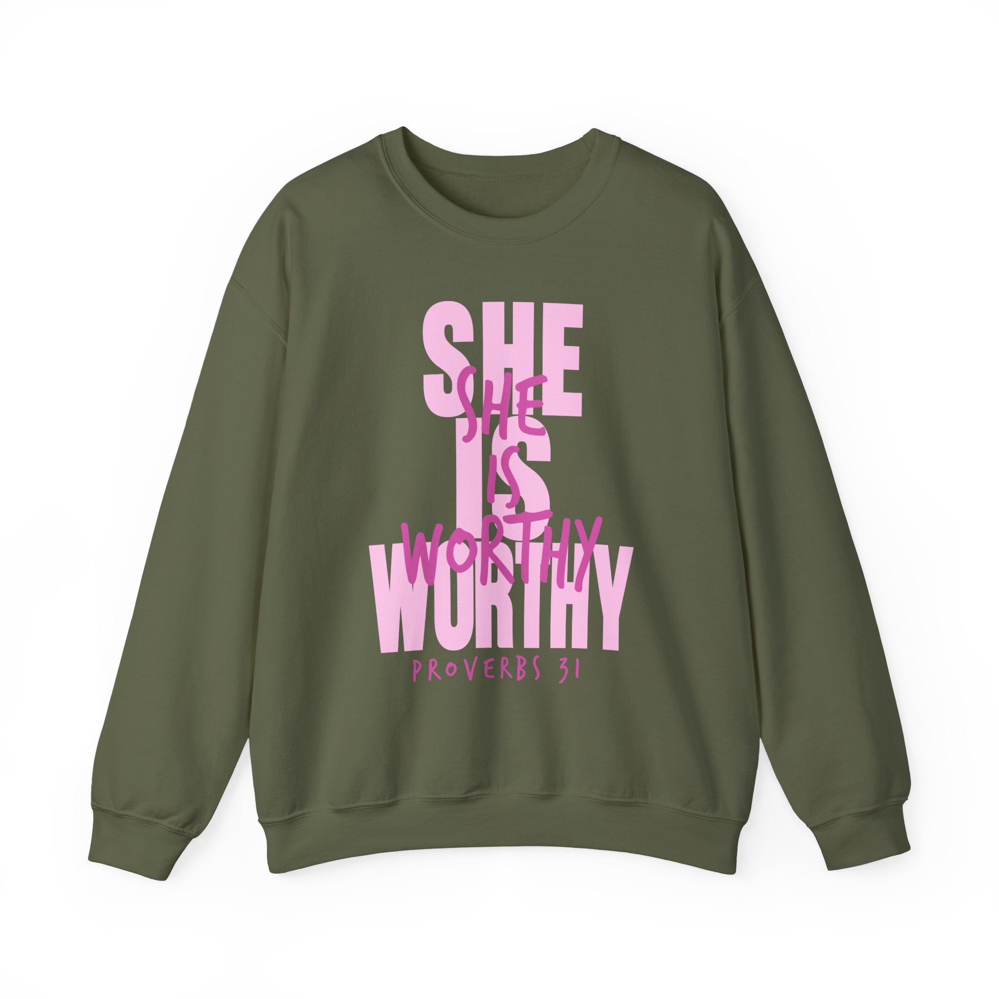 Christian Sweatshirt - She is Worthy, Cozy Bible Verse Apparel for Faith