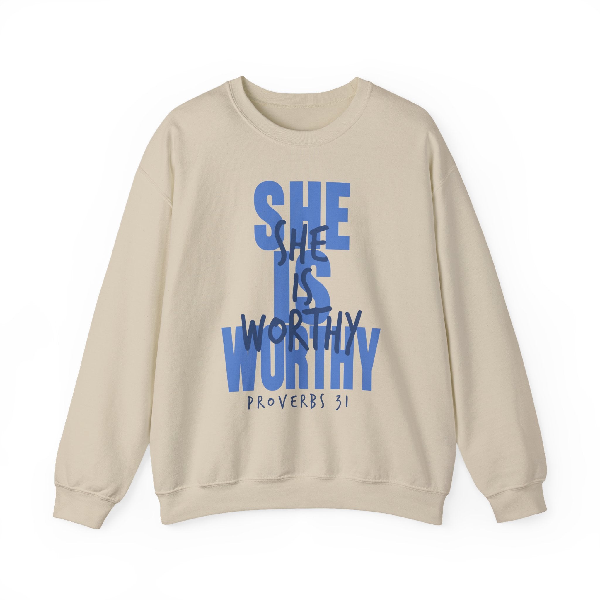Christian Sweatshirt - She is Worthy, Cozy Bible Verse Apparel for Faith