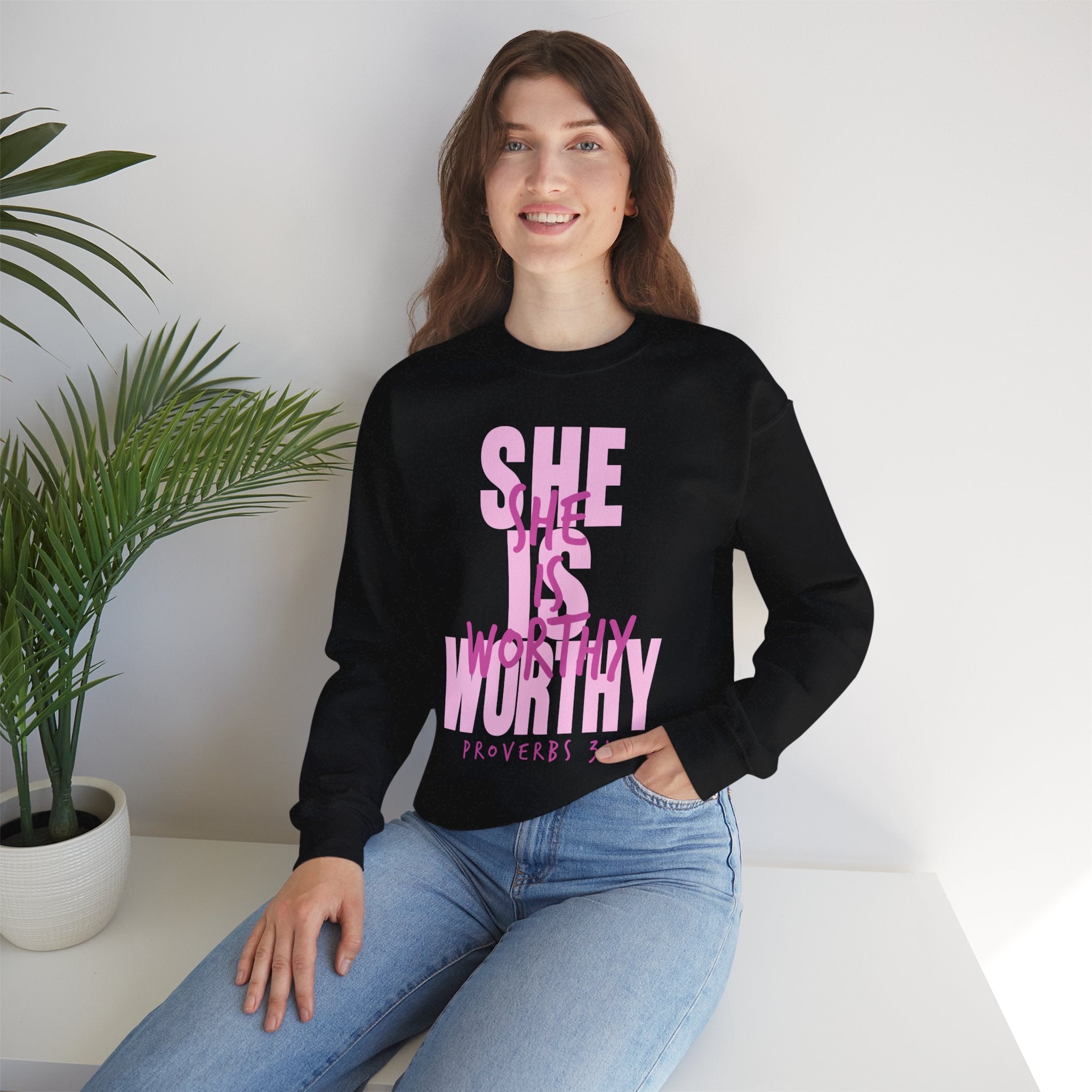 Christian Sweatshirt - She is Worthy, Cozy Bible Verse Apparel for Faith