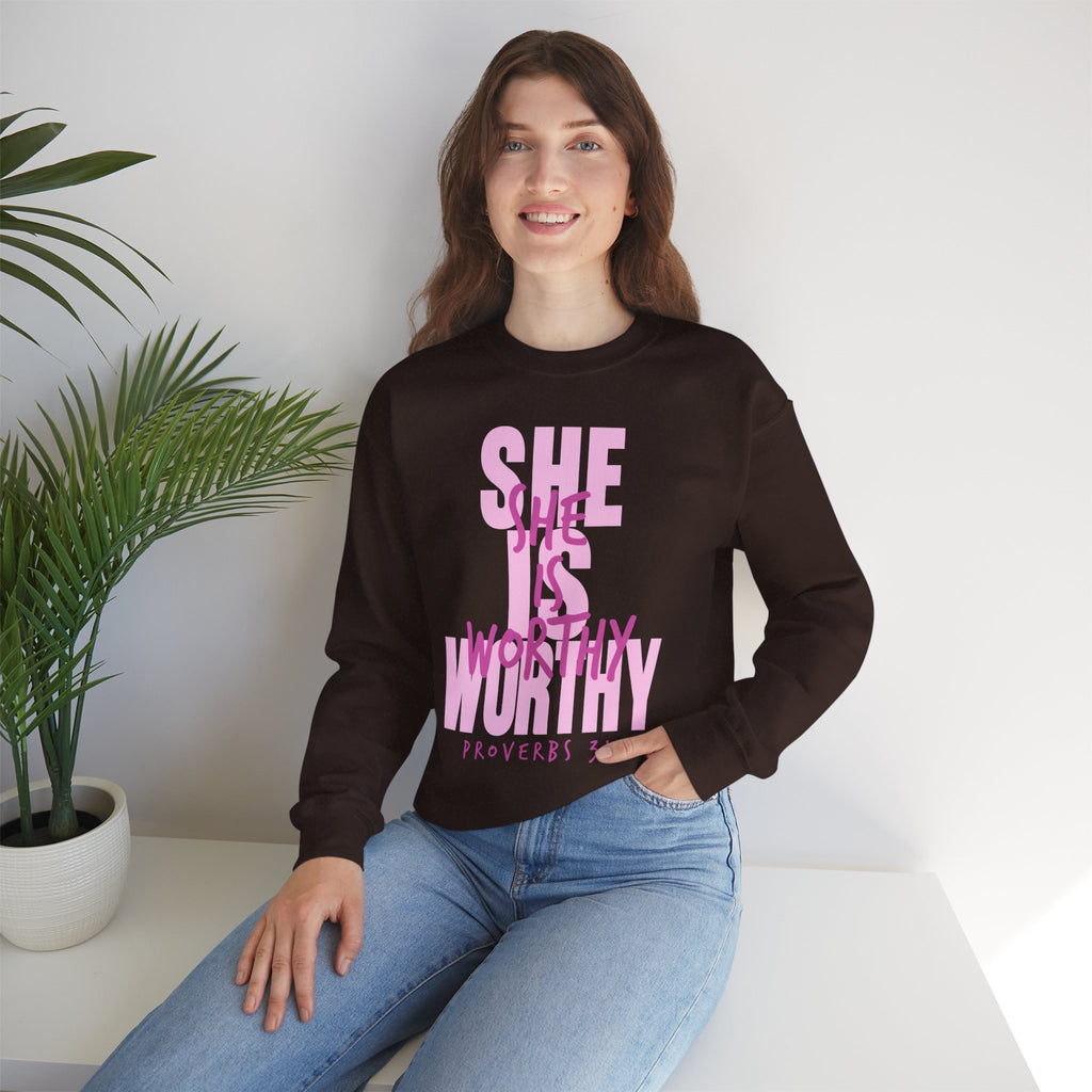 Christian Sweatshirt - She is Worthy, Cozy Bible Verse Apparel for Faith