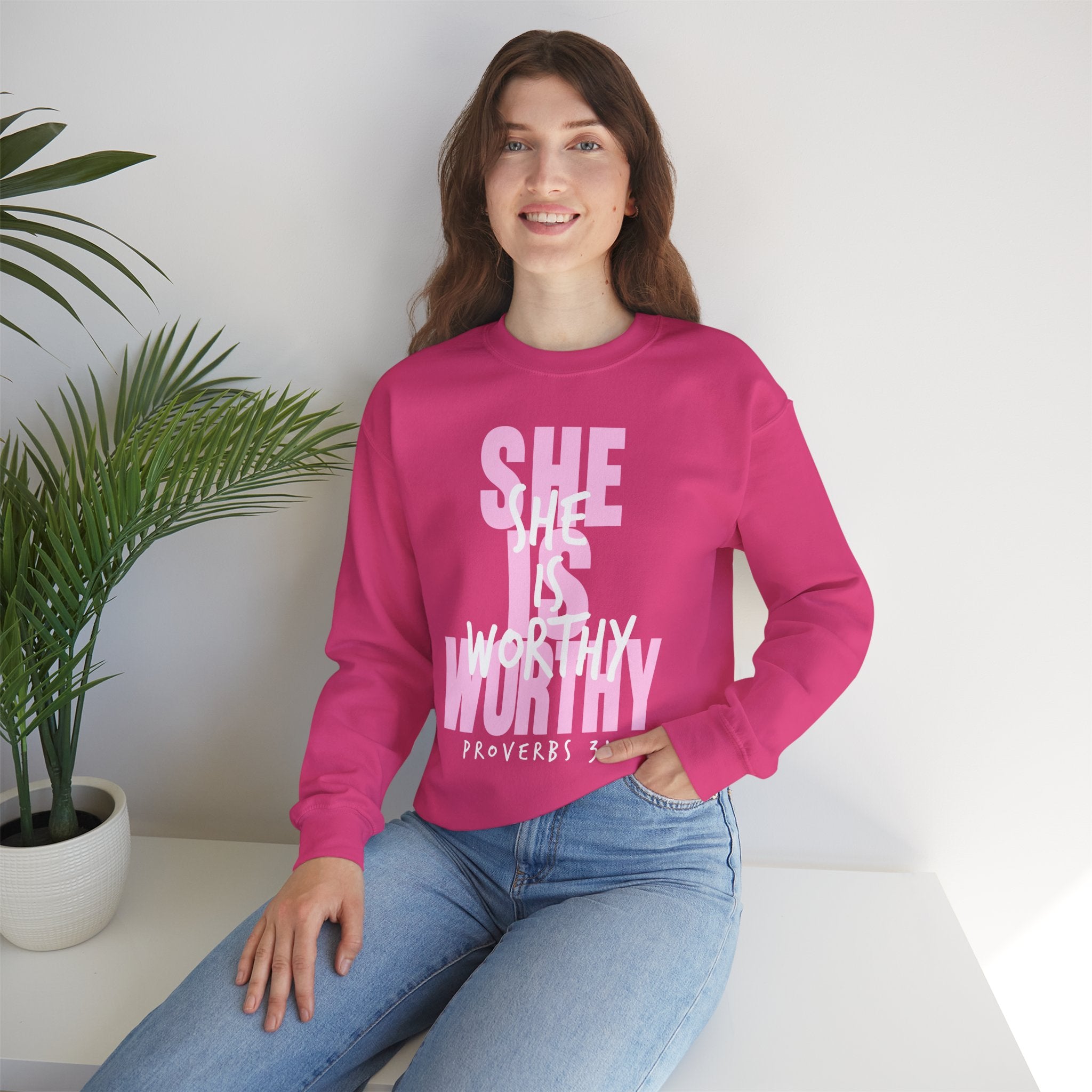 Christian Sweatshirt - She is Worthy, Cozy Bible Verse Apparel for Faith