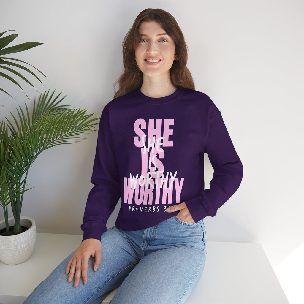Christian Sweatshirt - She is Worthy, Cozy Bible Verse Apparel for Faith