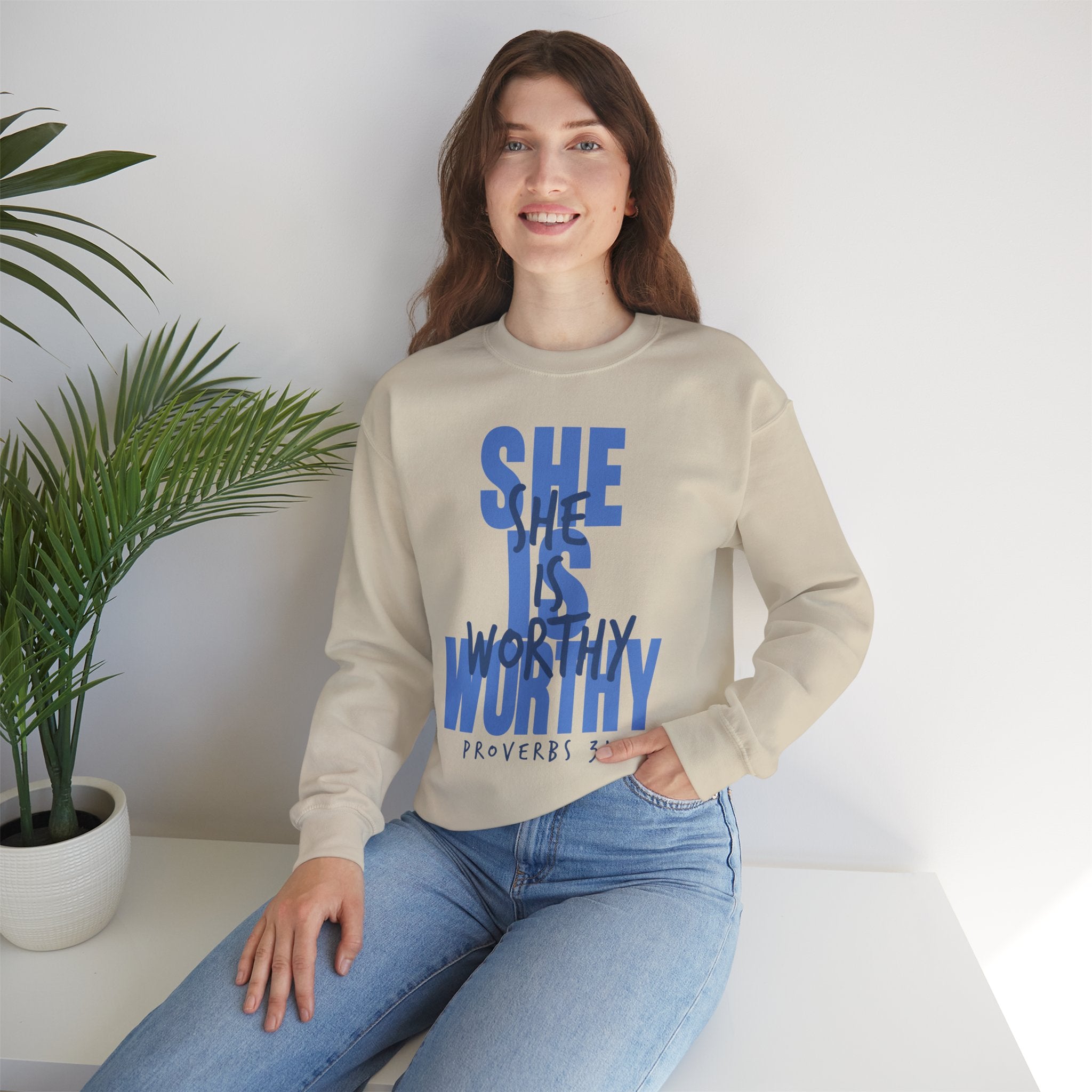 Christian Sweatshirt - She is Worthy, Cozy Bible Verse Apparel for Faith