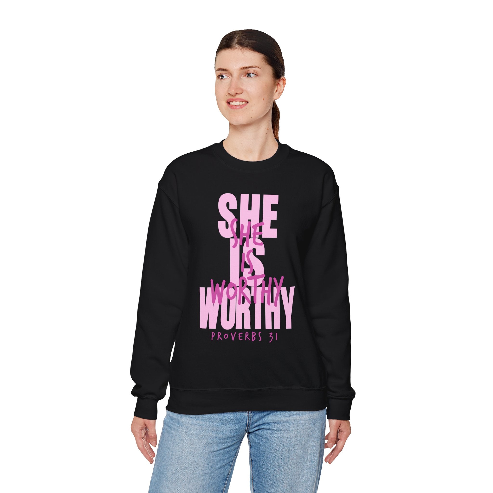 Christian Sweatshirt - She is Worthy, Cozy Bible Verse Apparel for Faith