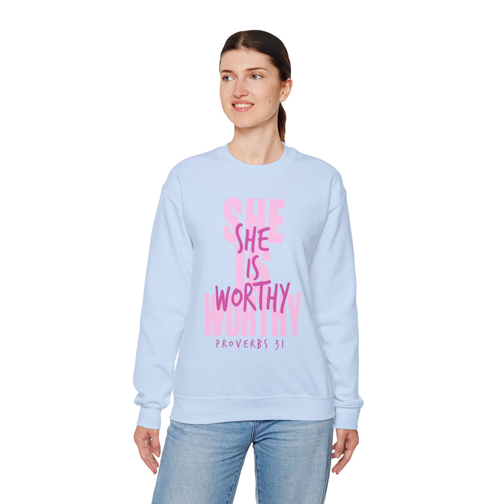 Christian Sweatshirt - She is Worthy, Cozy Bible Verse Apparel for Faith
