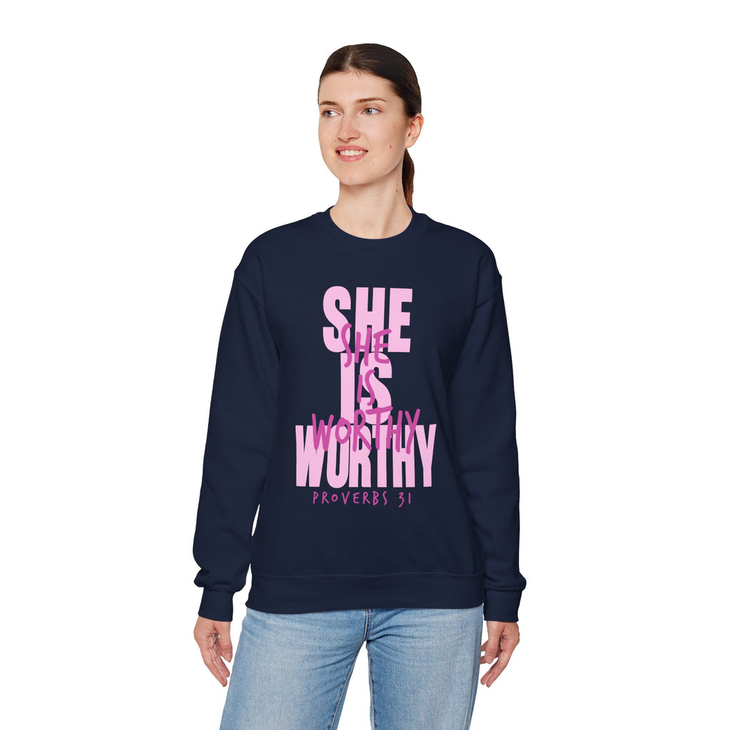 Christian Sweatshirt - She is Worthy, Cozy Bible Verse Apparel for Faith