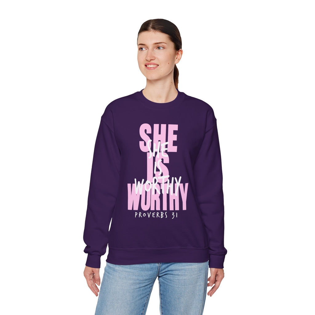 Christian Sweatshirt - She is Worthy, Cozy Bible Verse Apparel for Faith